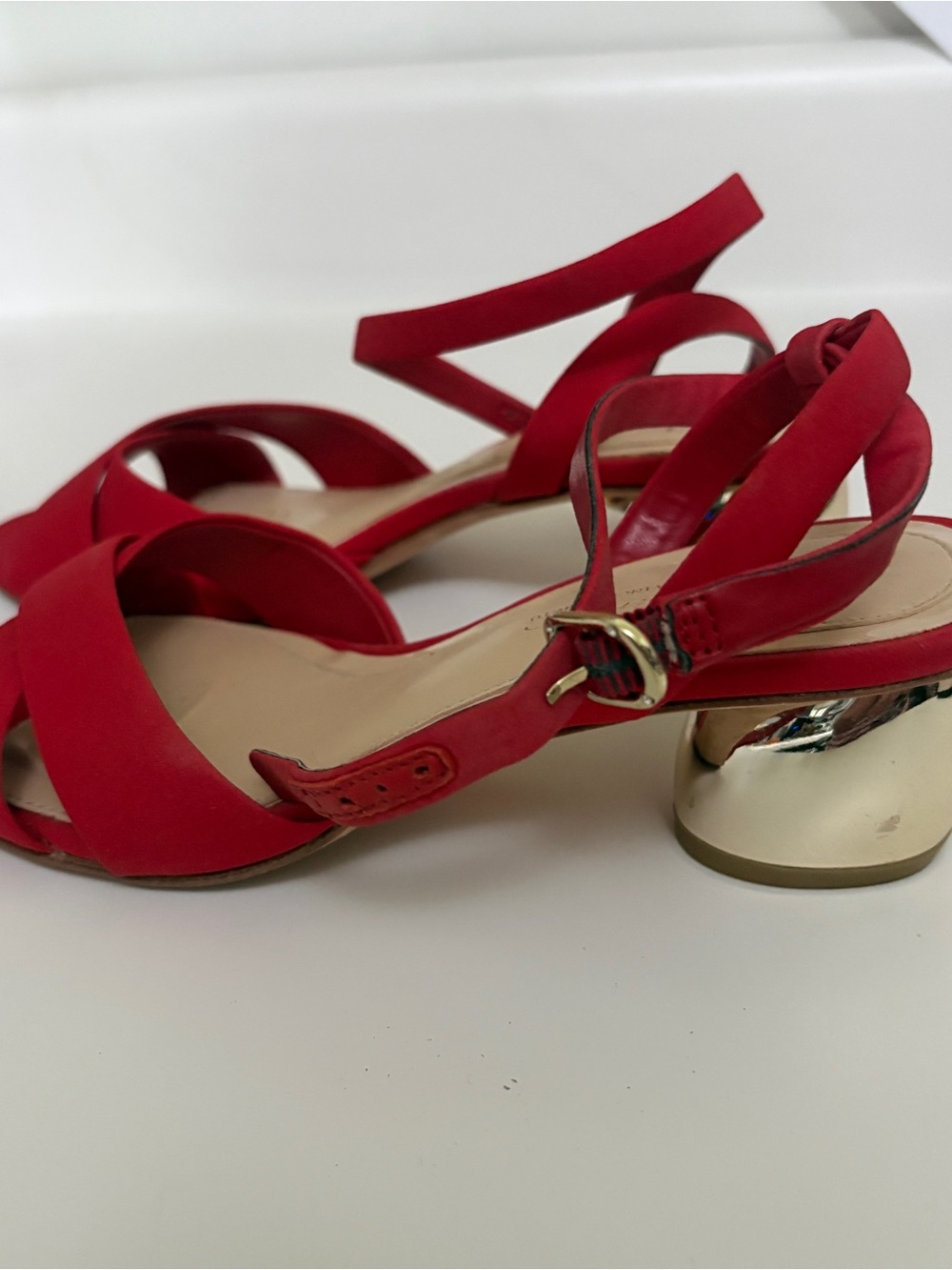 Vince Camuto Red Strappy Sandals with Gold Block Heel